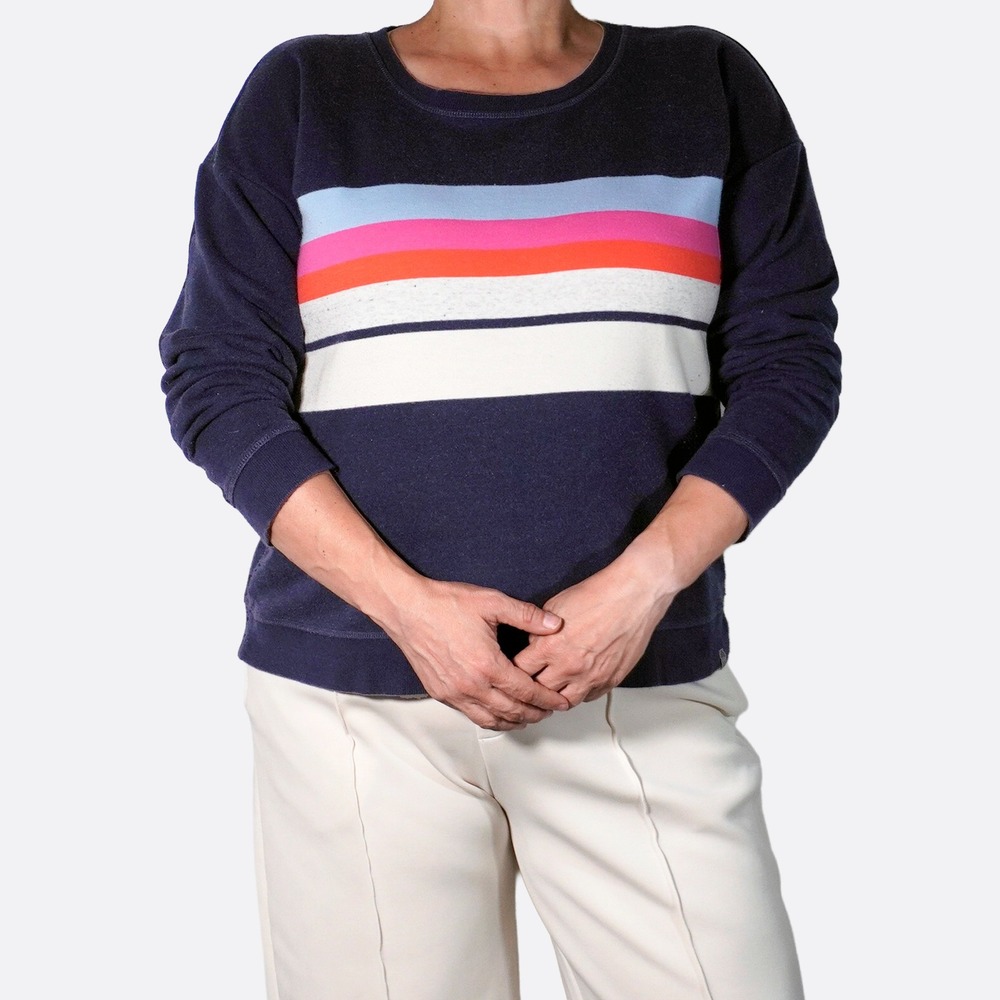 Talbots Lived-in French Terry Sweatshirt L 12 14 Navy Blue Striped Pullover‎ Top
